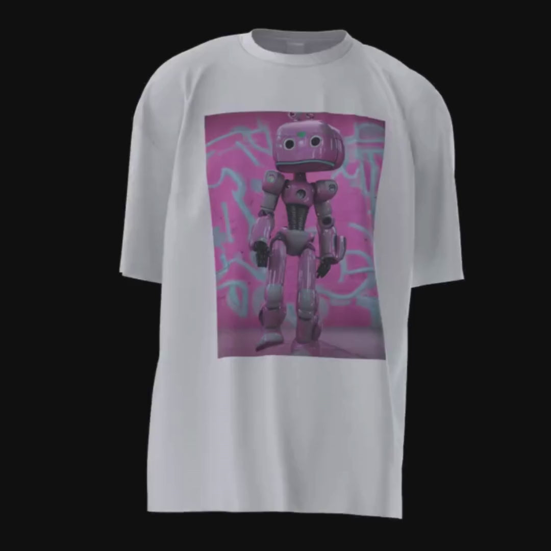 lady robot 3D walking t-shirt video. The front; a snap of a fuchsia and grey lady robot on a fuchsia and grey background. The back; a fuchsia rectangle, with a funny note in light grey; sexy lady bot, futuristic silhouette, look revolution, seductive AI style! SnapNote streetwear logo