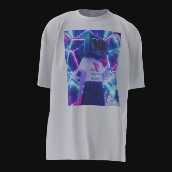 video game 3D walking t-shirt video. The front; a snap of a gamer with a tv set head, pink and blue laser lights background. The back; a purple rectangle with a funny note; video games, trendy download, game over boring fashion, elevate your geek chic, you nerd! SnapNote streetwear logo