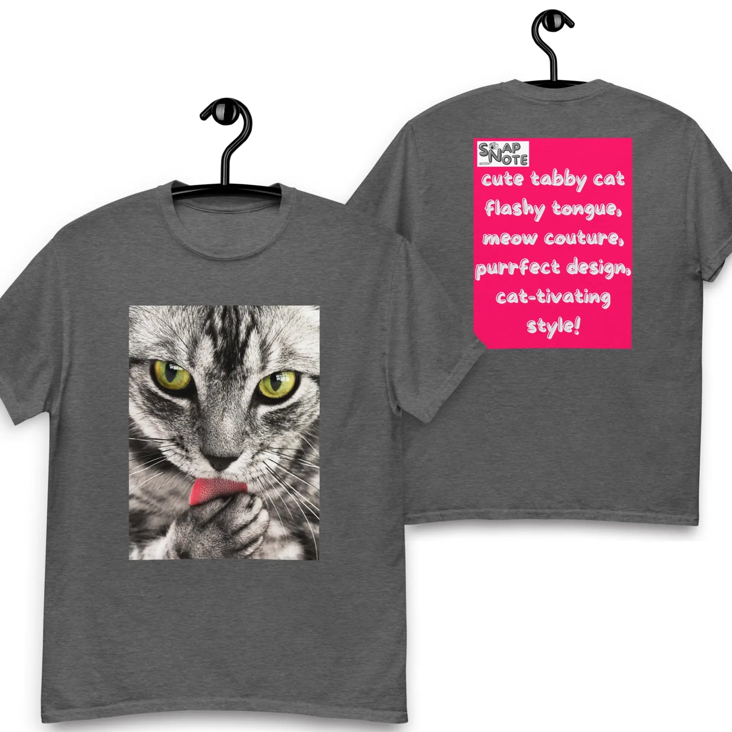 T-Shirt TShirt Tee Men Women Teens Unisex Heavy Cotton Round Neck - animal pet tabby cat pink pattern - Dark-Heather - 34.90 - SnapNote streetwear