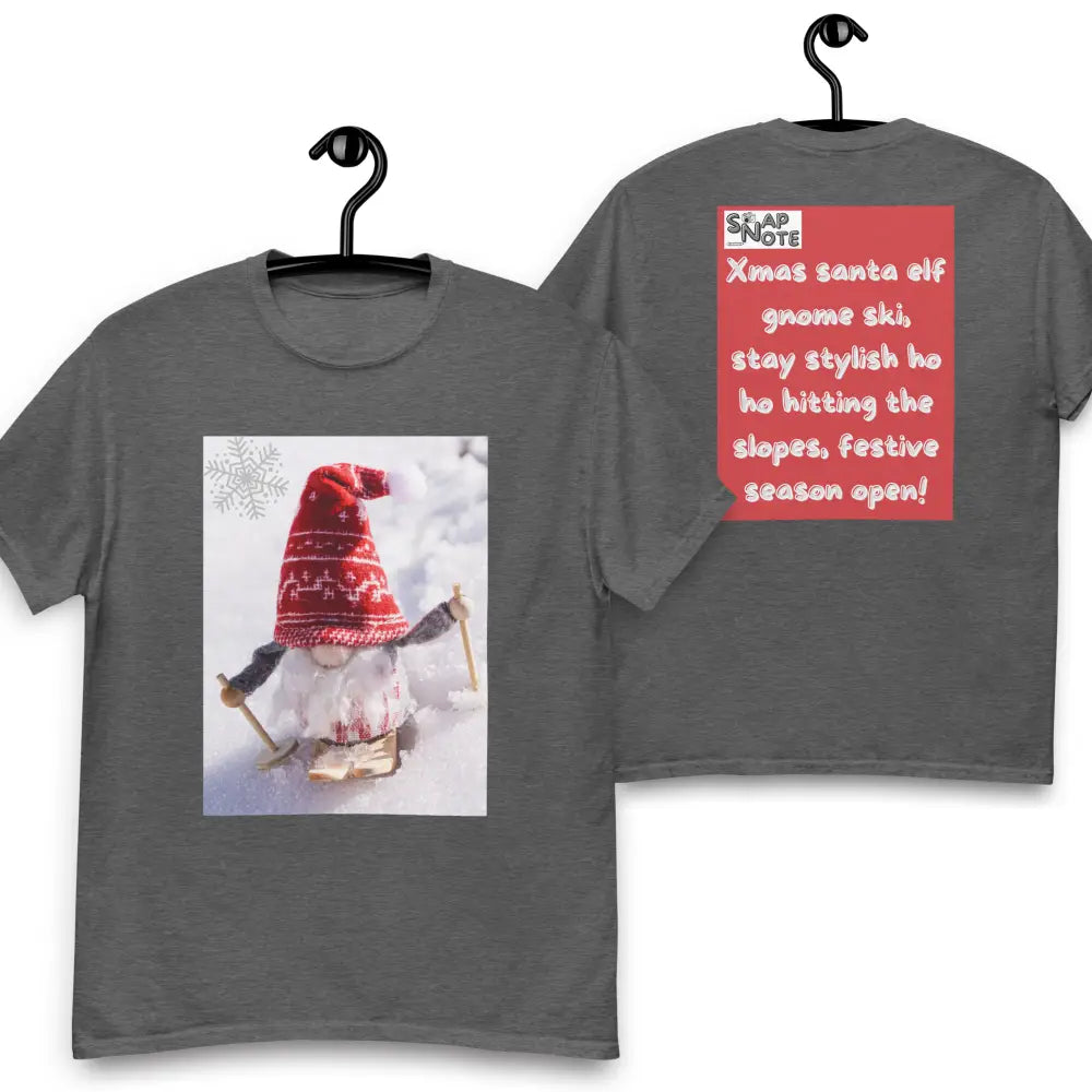 T-Shirt TShirt Tee Men Women Teens Unisex Heavy Cotton Round Neck - xmas elf gnome snow ski red pattern - Dark-Heather - 34.90 - SnapNote streetwear