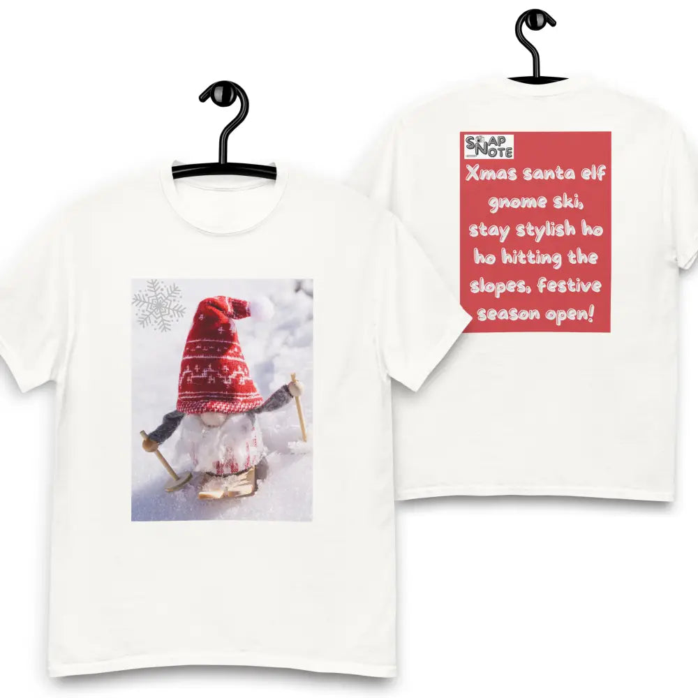 T-Shirt TShirt Tee Men Women Teens Unisex Heavy Cotton Round Neck - xmas elf gnome snow ski red pattern - White - 34.90 - SnapNote streetwear